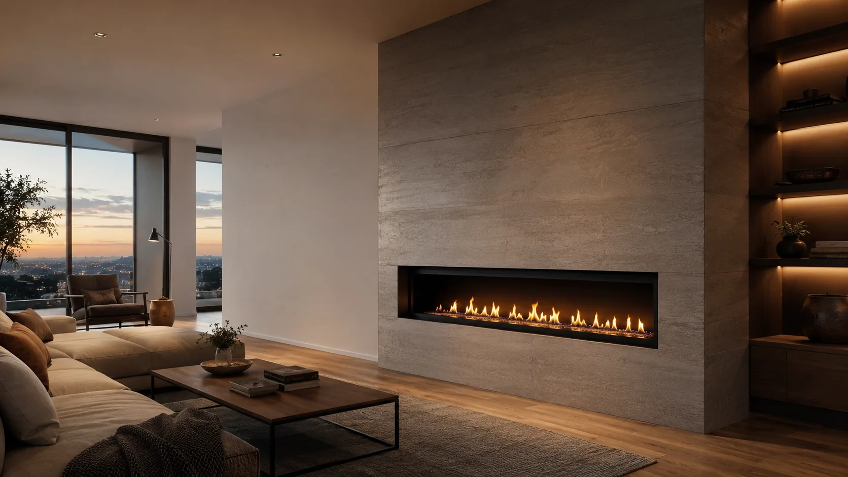 Contemporary linear fireplace in a refined living room at dusk Contemporary linear fireplace in a refined living room at dusk