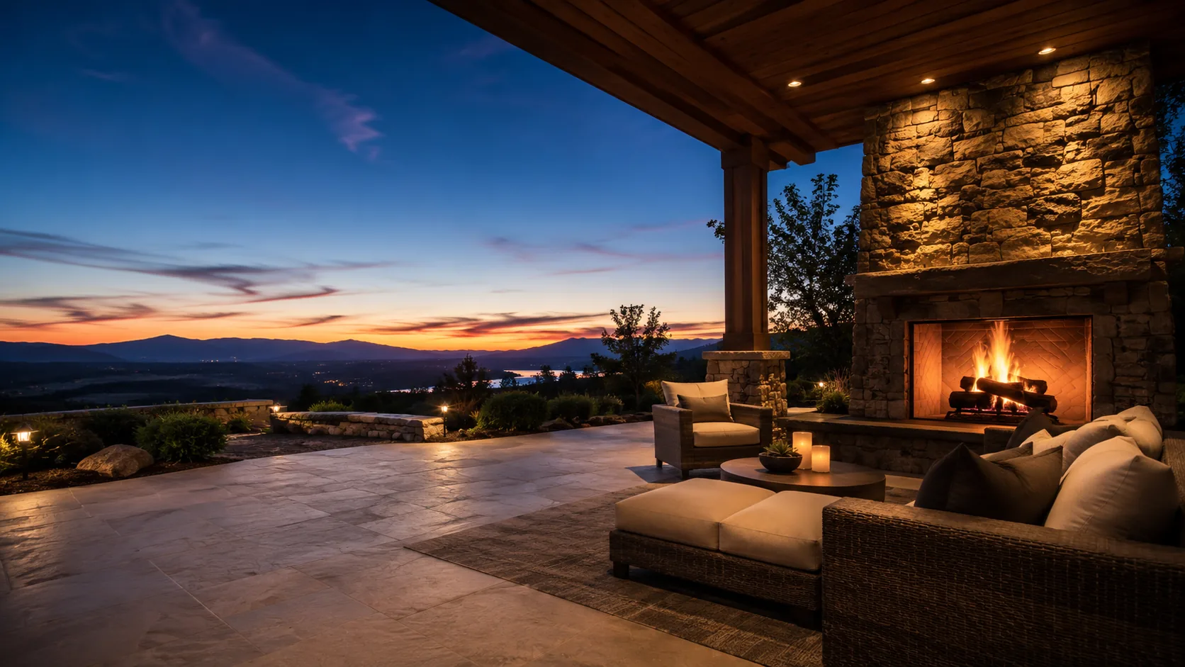 Outdoor stone fireplace and patio at sunset Outdoor stone fireplace and patio at sunset
