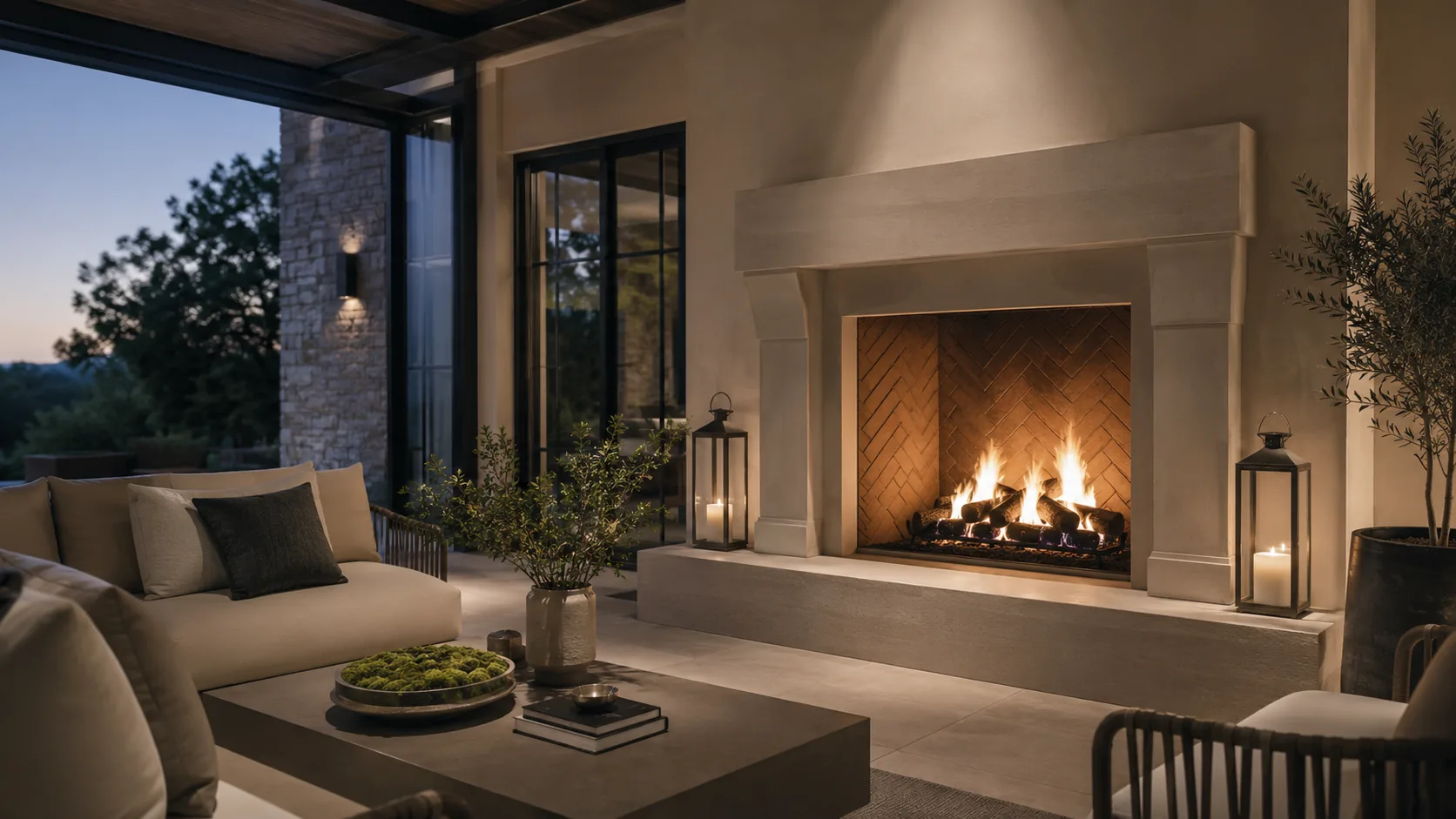 Covered patio seating area with an outdoor fireplace