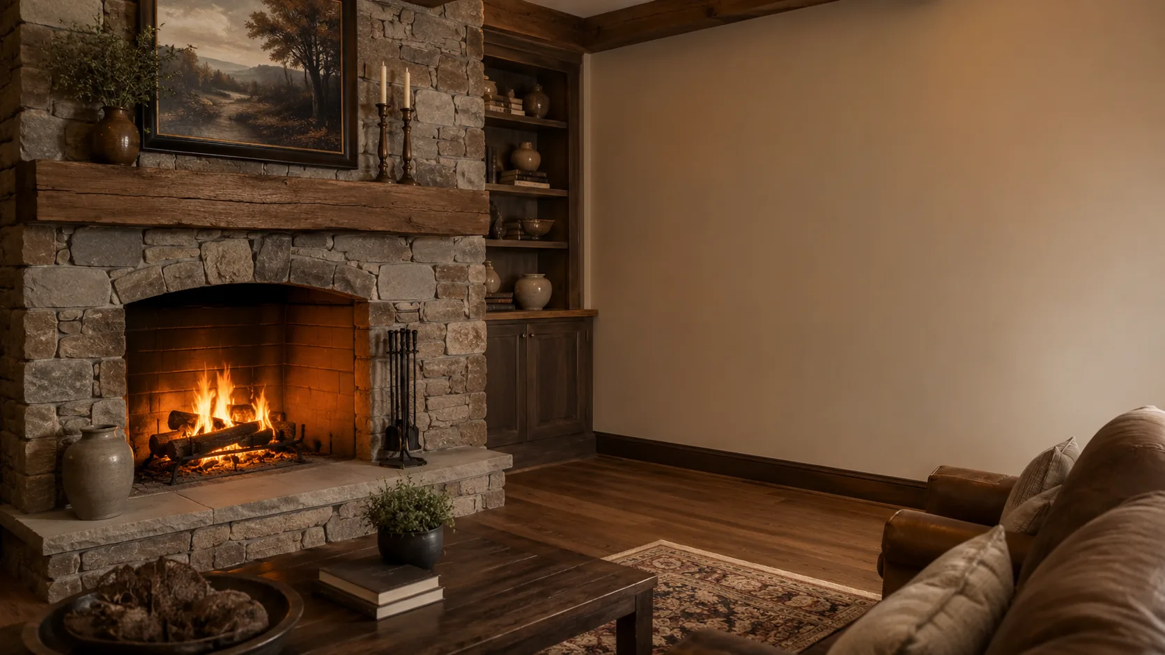 Rustic stone fireplace in a warm traditional living room Rustic stone fireplace in a warm traditional living room